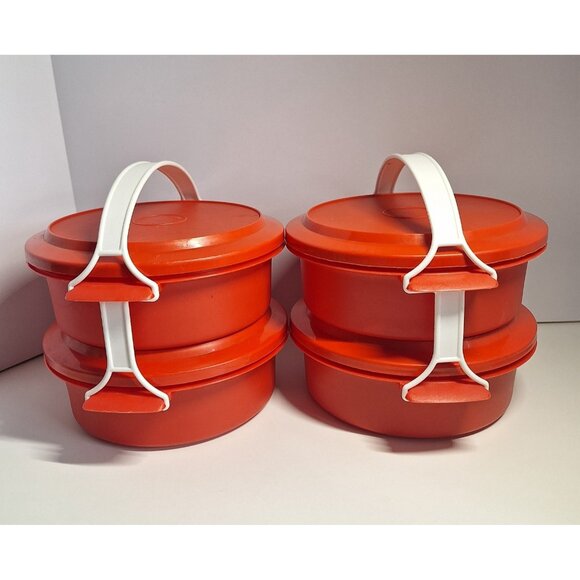 4 Trav-L-Bowl Superseal 2Qt Containers Red W White Handle Stackable Vintage USA - Picture 1 of 8